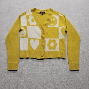 Witty Fox Cardigan Sweater Womens Medium Yellow Smiley Heart Daisy Checker